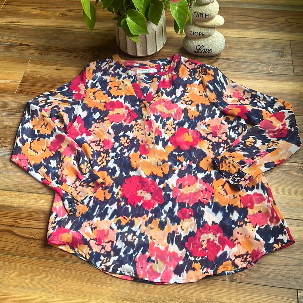 💖Liz Claiborne Henley colorful sheer floral long sleeve blouse